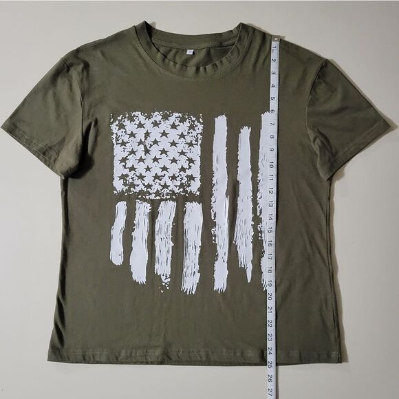 Women's Army Green American Flag Graphic Crewneck Short Sleeve Tee - Picture 7 of 12